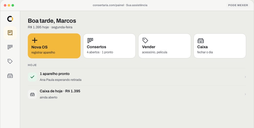 Painel do Consertaria com nova OS, consertos, venda e caixa