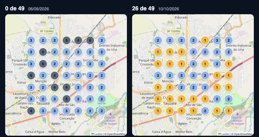 Mapa de Taubaté com 49 pontos. 06/09/2026: a Conectau em 1º lugar em nenhum dos 49 pontos. 10/10/2026: a Conectau em 1º lugar em 26 dos 49 pontos.