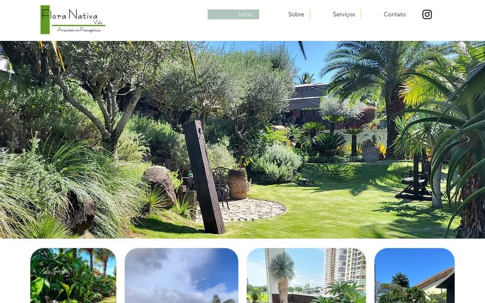 Site atual da Flora Nativa Vale no Wix, com o menu Início, Sobre, Serviços e Contato e um carrossel de fotos
