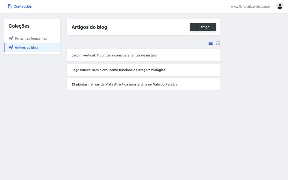 Painel de edição da Flora Nativa Vale com a lista de artigos do blog e o botão para criar um novo