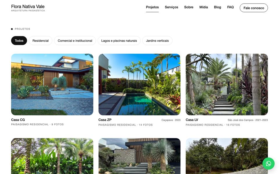 Página de projetos da Flora Nativa Vale, com filtros por tipo de obra