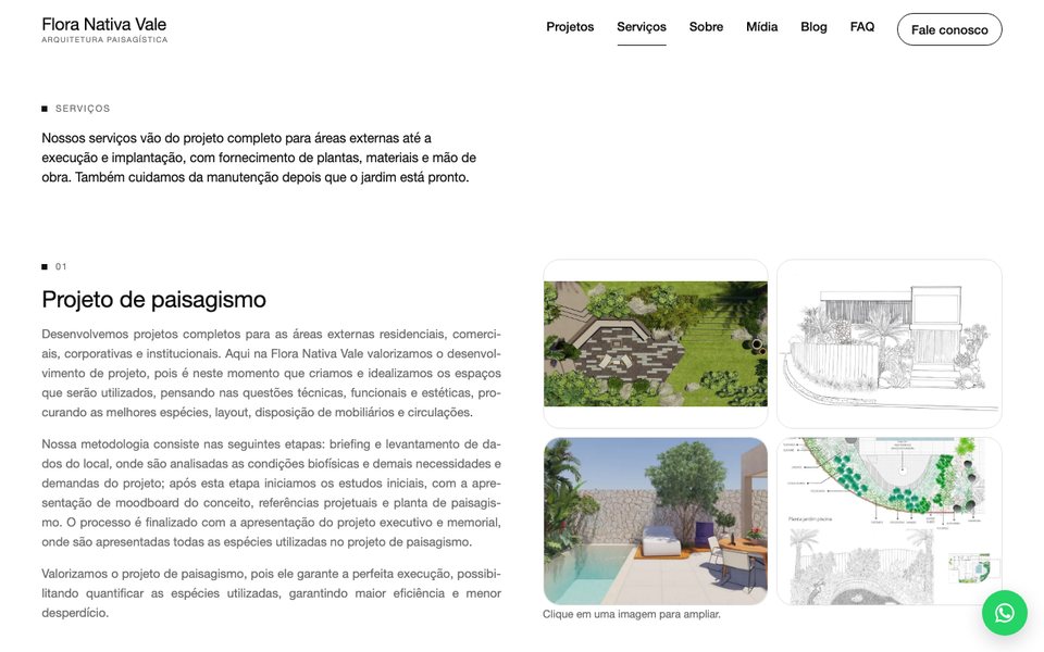 Página de serviços da Flora Nativa Vale, com croqui à mão, planta e render